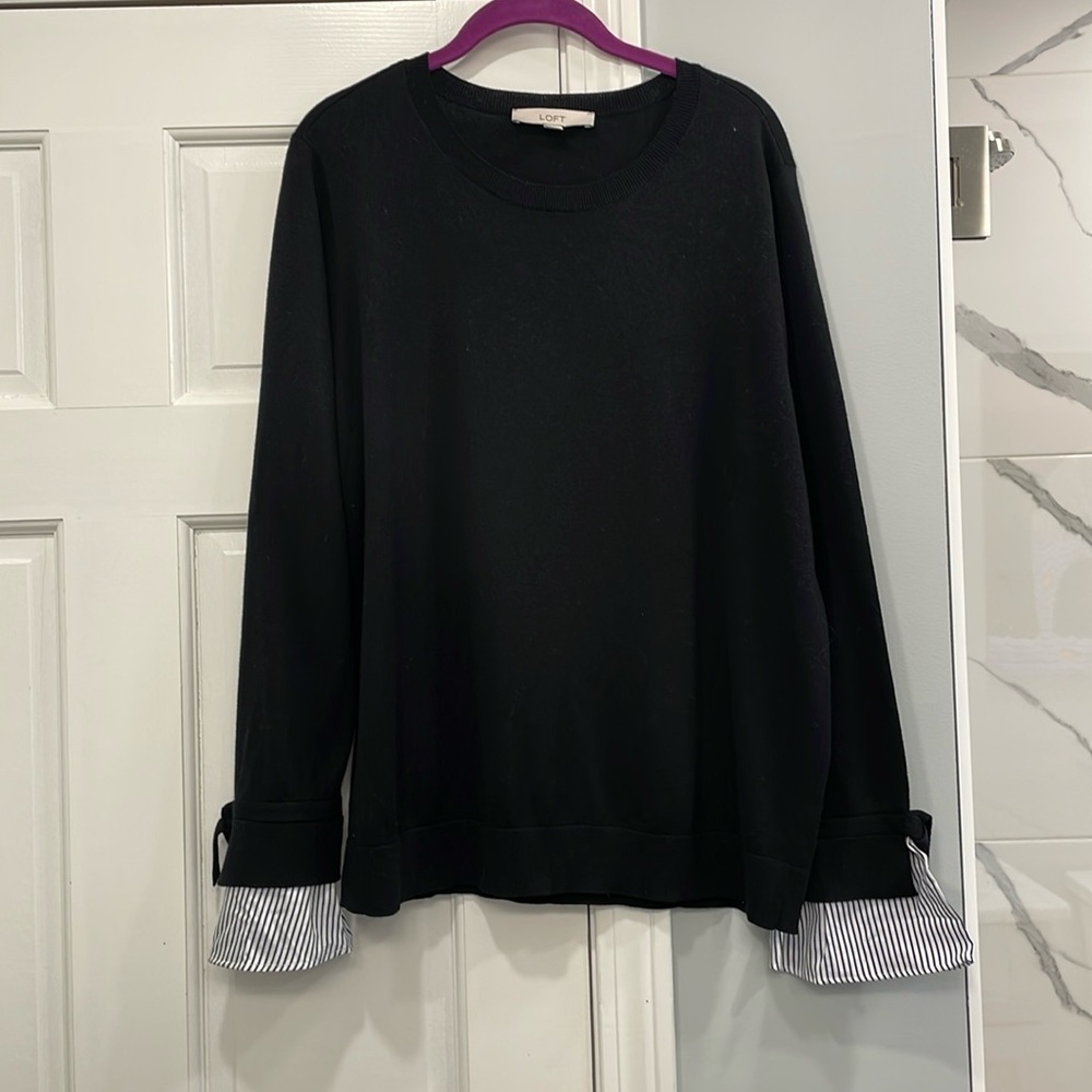 LOFT Black Sweater with Black and White Striped Cuffs in XL